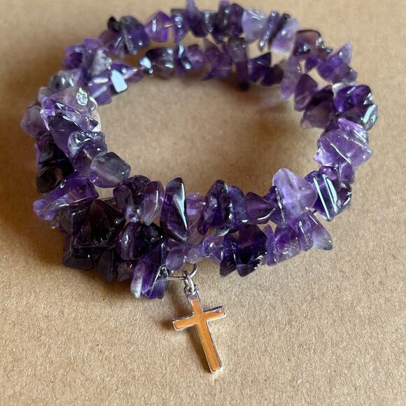 Amethyst Chip Wrap Bracelet w Silver Tone Cross Charm - Picture 5 of 5